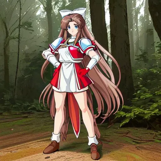 <lora:Karin-10:1>outdoor,forest,high quality,Masterpeace,Karin, 1girl, solo, long hair, blue eyes,brown hair, gloves, white gloves,low-tied long hair,white hair bow,white dress, chest strap,red pauldron, red armor,full body,standing,hand on hip