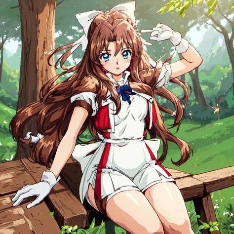 <lora:Karin-10:1>outdoor,forest,high quality,Masterpeace,Karin, 1girl, solo, long hair, blue eyes,brown hair, gloves, shorts, white gloves, magical girl,low-tied long hair,white hair bow,red shoulder, white minidress