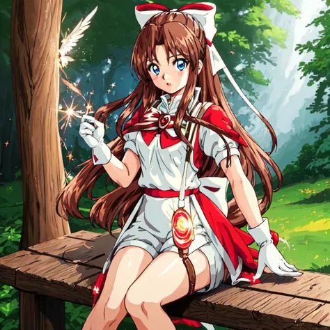 <lora:Karin-10:1>outdoor,forest,high quality,Masterpeace,Karin, 1girl, solo, long hair, blue eyes,brown hair, gloves, shorts, white gloves, magical girl,low-tied long hair,white hair bow,red shoulder, white minidress
