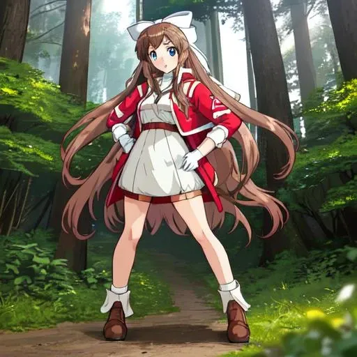 <lora:Karin-10:1>outdoor,forest,high quality,Masterpeace,Karin, 1girl, solo, long hair, blue eyes,brown hair, gloves, white gloves,low-tied long hair,white hair bow,white dress, chest strap,red jacket,short jacket,full body,standing,hand on hip