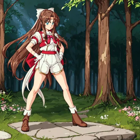 <lora:Karin-10:1>outdoor,forest,high quality,Masterpeace,Karin, 1girl, solo, long hair, blue eyes,brown hair, gloves, shorts, white gloves, magical girl,low-tied long hair,white hair bow,full body,standing,hand on hip