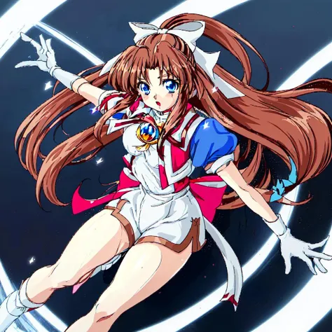 <lora:Karin-10:1>Karin, 1girl, solo, long hair, blue eyes,brown hair, gloves, shorts, white gloves, magical girl,low-tied long hair,white hair bow
