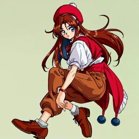 <lora:Karin-10:1>Karin, 1girl, solo, long hair, blue eyes, brown hair, hat, jewelry,shoes, pants, brown footwear, red headwear, baggy pants
