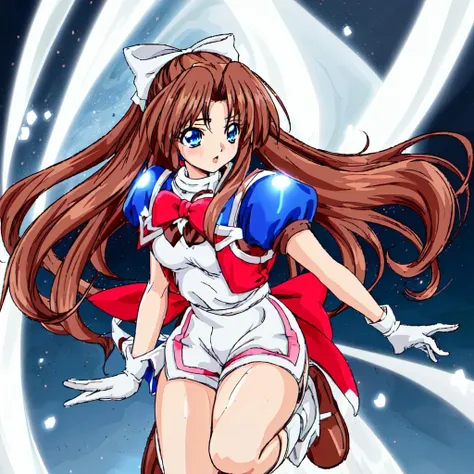 <lora:Karin-10:1>Karin, 1girl, solo, long hair, blue eyes,brown hair, gloves, shorts, white gloves, magical girl,low-tied long hair,white hair bow