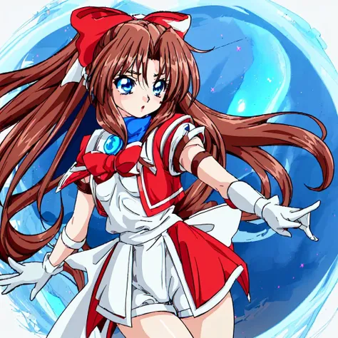 <lora:Karin-10:1>Karin, 1girl, solo, long hair, blue eyes,brown hair, gloves, shorts, white gloves, magical girl,low-tied long hair,white hair bow,red shoulder