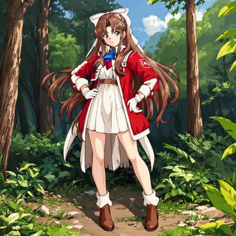 <lora:Karin-10:1>outdoor,forest,high quality,Masterpeace,Karin, 1girl, solo, long hair, blue eyes,brown hair, gloves, white gloves,low-tied long hair,white hair bow,white dress, chest strap,red jacket,full body,standing,hand on hip