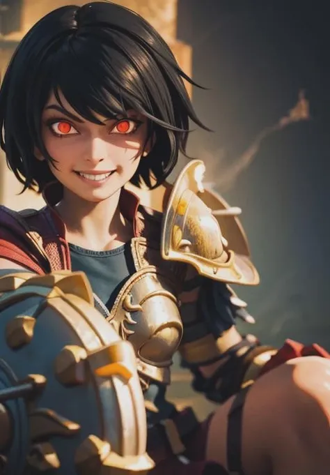 <lora:smite_bellona:0.8>, smite_bellona, evil grin, sitting, glowing eyes, red red eyes,, (masterpiece, best quality, detailed:1.3)