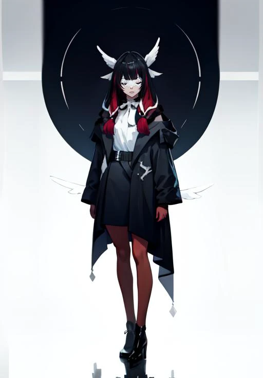 (masterpiece, best quality),(depth) of (field), <lora:columbina:0.8> 1girl, long hair, black hair, red hair, solo, closed eyes, eye_mask, head wings, hair ornament, blunt bangs,
<lora:clothesUpdate:0.8> simple background, full body, standing, looking at viewer, adult