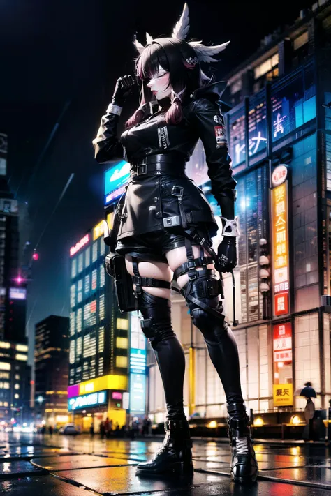 1girl, solo, full body, looking at viewer, urbansamurai, clothing, style, techwear, techwear jacket, columbina \(genshin impact\), black hair, closed eyes, eye mask, head wings, hair ornament, pink hair, blunt bangs, pink techwear, combat boots,
outdoors, night, city, city lights, tokyo \(city\), tokyo tower, neon lights, neon signs, kanji,
<lora:urbansamurai_v0.3:0.9> <lora:columbina-05:0.7>, masterpiece, best quality, detailed, sidelighting, lustrous skin,