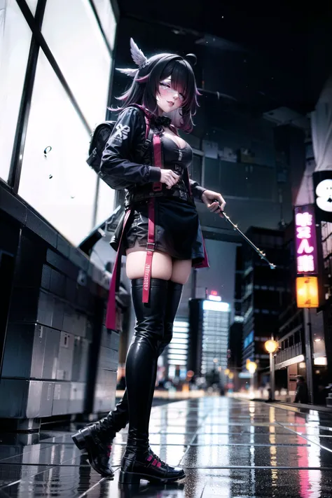 1girl, solo, full body, looking at viewer, urbansamurai, clothing, style, techwear, techwear jacket, columbina \(genshin impact\), black hair, closed eyes, eye mask, head wings, hair ornament, pink hair, blunt bangs, pink techwear, combat boots,
outdoors, night, city, city lights, tokyo \(city\), tokyo tower, neon lights, neon signs, kanji,
<lora:urbansamurai_v0.3:0.9> <lora:columbina-05:0.7>, masterpiece, best quality, detailed, sidelighting, lustrous skin,