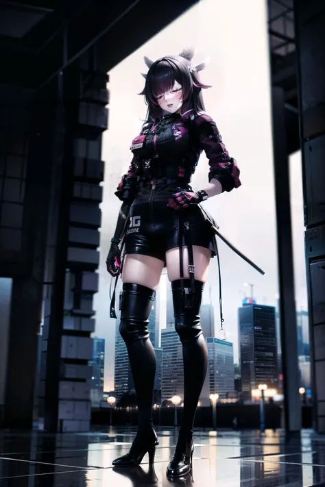 1girl, solo, full body, looking at viewer, urbansamurai, clothing, style, techwear, techwear jacket, columbina \(genshin impact\), black hair, closed eyes, eye mask, head wings, hair ornament, pink hair, blunt bangs, pink techwear, combat boots,
outdoors, night, city, city lights, tokyo \(city\), tokyo tower, neon lights, neon signs, kanji,
<lora:urbansamurai_v0.3:0.9> <lora:columbina-05:0.7>, masterpiece, best quality, detailed, sidelighting, lustrous skin,
