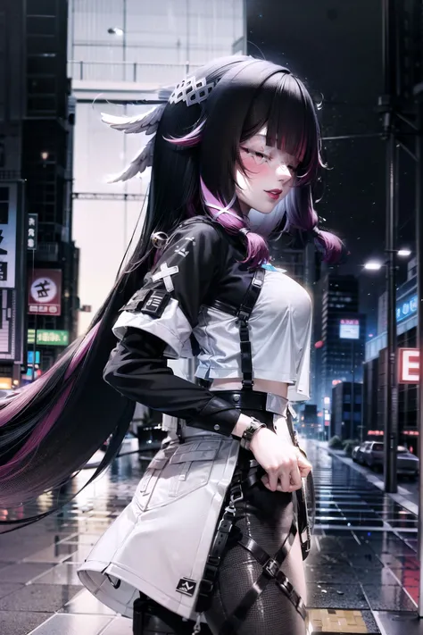 1girl, solo, full body, looking at viewer, urbansamurai, clothing, style, techwear, techwear jacket, columbina \(genshin impact\), black hair, closed eyes, eye mask, head wings, hair ornament, pink hair, blunt bangs, pink techwear, combat boots,
outdoors, night, city, city lights, tokyo \(city\), tokyo tower, neon lights, neon signs, kanji,
<lora:urbansamurai_v0.3:0.9> <lora:columbina-05:0.7>, masterpiece, best quality, detailed, sidelighting, lustrous skin,
