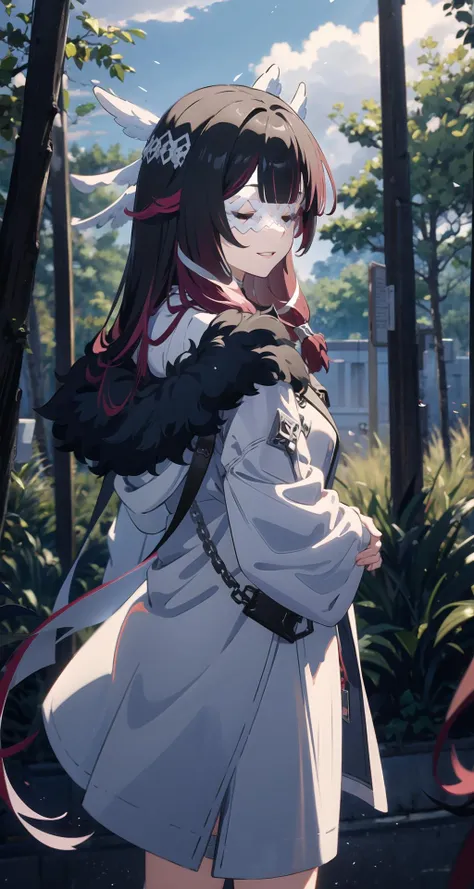 long hair, 1girl, black hair, red hair, solo, closed eyes, eye mask, head wings, hair ornament, blunt bangs, fur-trimmed coat, <lora:columbina-05:1>, standing, facing viewer, bow, smile, focus, depth of field, bokeh, forest, clouds