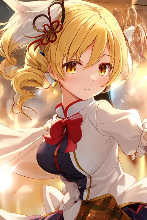 masterpiece,best quality,1girl,tomoe_mami,<lora:mki-maho_shojo_madoka_magika-1.5-v1-000002>,lens flare,