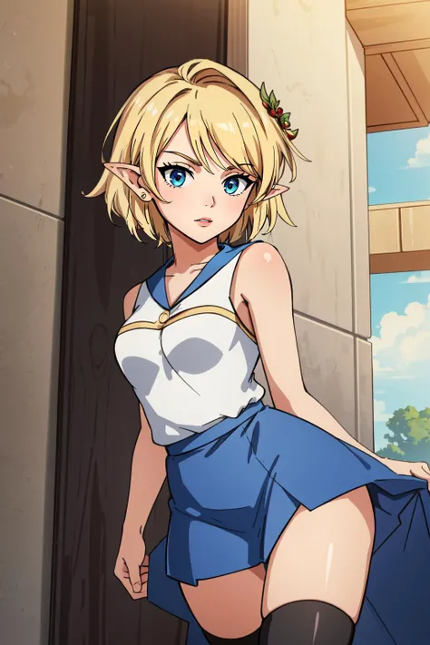 (masterpiece, best quality), intricate details,
1girl, <lora:mercedes_maplestory:0.8> mercedes \(maplestory\), 1girl, dress, hair ornament, blonde hair, thighhighs, pointy ears,
<lora:HaruCheer:0.8> HaruCheerUniform, blue skirt,