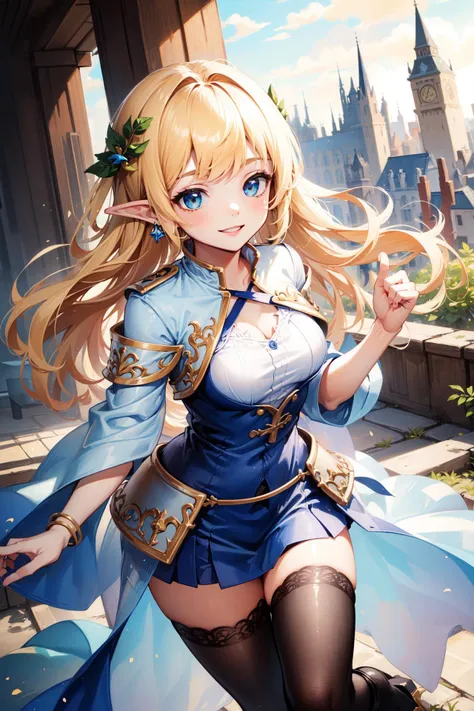 (Masterpiece:1.4), (best quality:1.2), <lora:mercedes_maplestory-000010:0.8>, mercedes \(maplestory\), 1girl, dress, hair ornament, blonde hair, thighhighs, pointy ears, smile