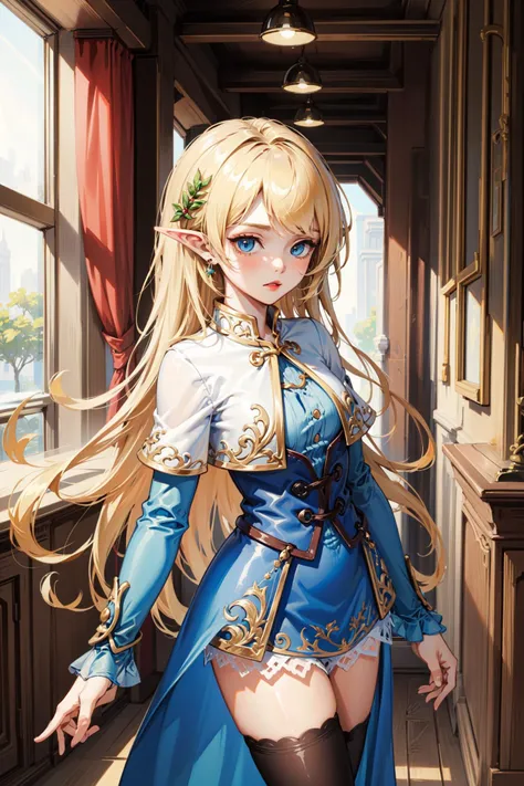 (Masterpiece:1.4), (best quality:1.2), <lora:mercedes_maplestory-000010:0.8>, mercedes \(maplestory\), 1girl, dress, hair ornament, blonde hair, thighhighs, pointy ears