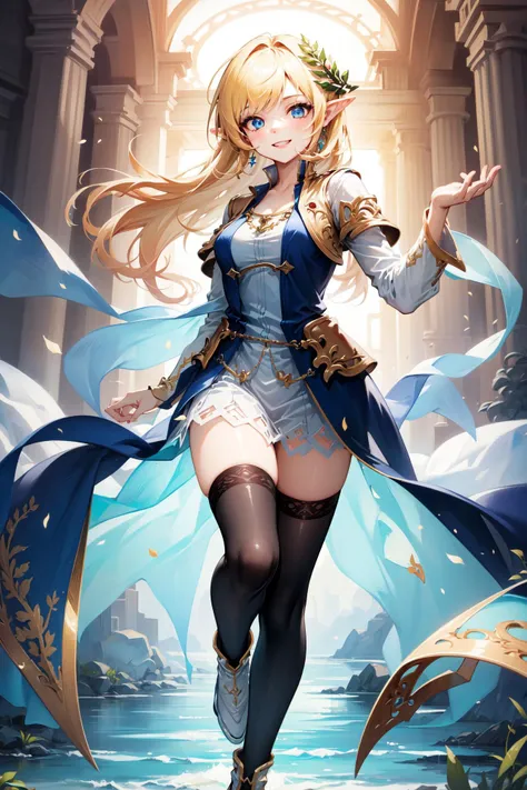 (Masterpiece:1.4), (best quality:1.2), <lora:mercedes_maplestory-000010:0.8>, mercedes \(maplestory\), 1girl, dress, hair ornament, blonde hair, thighhighs, pointy ears, smile