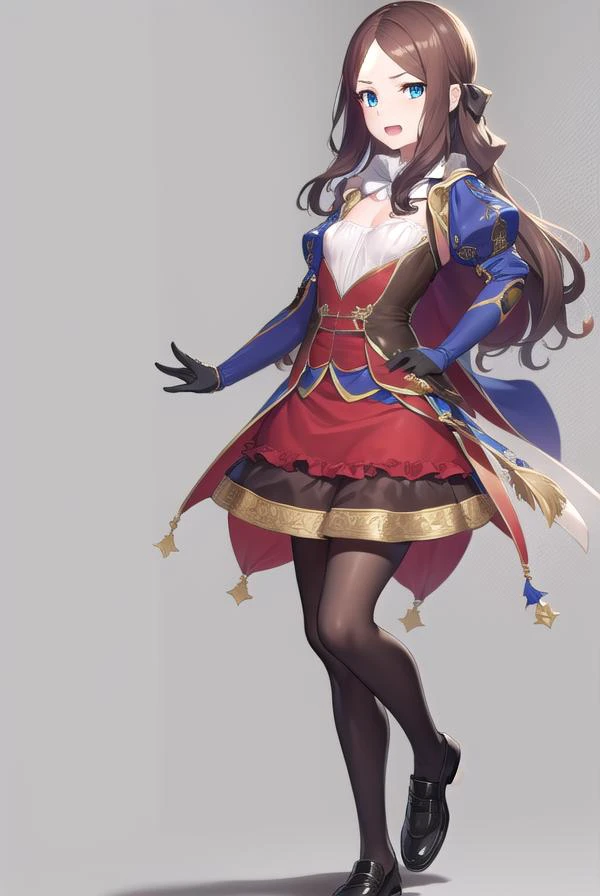 leonardodavinci, <lyco:leonardodavincirider-lyco-nochekaiser:1>,
leonardo da vinci rider, blue eyes, brown hair, long hair, parted bangs, (small breasts:1.2), <lora:smirkingeye_v100:1>, <lora:smirkingmouth_v100:1>, smile, open mouth,
BREAK black footwear, brown jacket, elbow gloves, gloves, jacket, loafers, metal gloves, pantyhose, red skirt, shoes, skirt, puffy sleeves, thighhighs, blue thighhighs,
BREAK looking at viewer, full body, upper body,
BREAK indoors,
BREAK <lyco:GoodHands-beta2:1>, (masterpiece:1.2), best quality, high resolution, unity 8k wallpaper, (illustration:0.8), (beautiful detailed eyes:1.6), extremely detailed face, perfect lighting, extremely detailed CG, (perfect hands, perfect anatomy),
