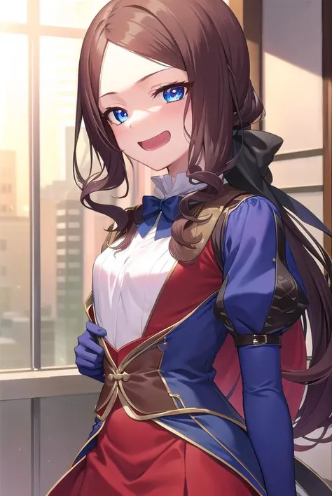 leonardodavinci, <lyco:leonardodavincirider-lyco-nochekaiser:1>, 
leonardo da vinci rider, blue eyes, brown hair, long hair, parted bangs, (small breasts:1.2), <lora:smirkingeye_v100:1>, <lora:smirkingmouth_v100:1>, smile, open mouth,
BREAK black footwear, brown jacket, elbow gloves, gloves, jacket, loafers, metal gloves, pantyhose, red skirt, shoes, skirt, puffy sleeves, thighhighs, blue thighhighs,
BREAK looking at viewer, full body, upper body,
BREAK indoors,
BREAK <lyco:GoodHands-beta2:1>, (masterpiece:1.2), best quality, high resolution, unity 8k wallpaper, (illustration:0.8), (beautiful detailed eyes:1.6), extremely detailed face, perfect lighting, extremely detailed CG, (perfect hands, perfect anatomy),