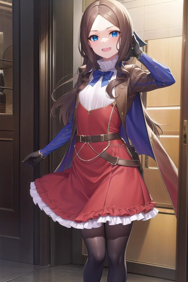 leonardodavinci, <lyco:leonardodavincirider-lyco-nochekaiser:1>,
leonardo da vinci rider, blue eyes, brown hair, long hair, parted bangs, (small breasts:1.2), <lora:smirkingeye_v100:1>, <lora:smirkingmouth_v100:1>, smile, open mouth,
BREAK black footwear, brown jacket, elbow gloves, gloves, jacket, loafers, metal gloves, pantyhose, red skirt, shoes, skirt, puffy sleeves, thighhighs, blue thighhighs,
BREAK looking at viewer, full body, upper body,
BREAK indoors,
BREAK <lyco:GoodHands-beta2:1>, (masterpiece:1.2), best quality, high resolution, unity 8k wallpaper, (illustration:0.8), (beautiful detailed eyes:1.6), extremely detailed face, perfect lighting, extremely detailed CG, (perfect hands, perfect anatomy),