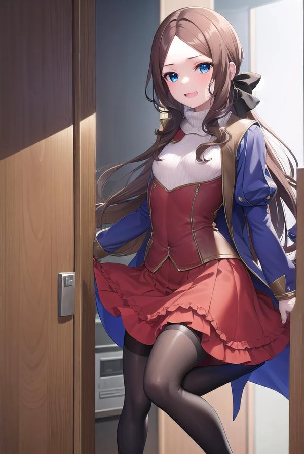 leonardodavinci, <lyco:leonardodavincirider-lyco-nochekaiser:1>,
leonardo da vinci rider, blue eyes, brown hair, long hair, parted bangs, (small breasts:1.2), <lora:smirkingeye_v100:1>, <lora:smirkingmouth_v100:1>, smile, open mouth,
BREAK black footwear, brown jacket, elbow gloves, gloves, jacket, loafers, metal gloves, pantyhose, red skirt, shoes, skirt, puffy sleeves, thighhighs, blue thighhighs,
BREAK looking at viewer, full body, upper body,
BREAK indoors,
BREAK <lyco:GoodHands-beta2:1>, (masterpiece:1.2), best quality, high resolution, unity 8k wallpaper, (illustration:0.8), (beautiful detailed eyes:1.6), extremely detailed face, perfect lighting, extremely detailed CG, (perfect hands, perfect anatomy),