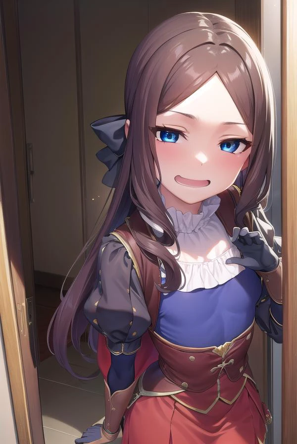 leonardodavinci, <lyco:leonardodavincirider-lyco-nochekaiser:1>,
leonardo da vinci rider, blue eyes, brown hair, long hair, parted bangs, (small breasts:1.2), <lora:smirkingeye_v100:1>, <lora:smirkingmouth_v100:1>, smile, open mouth,
BREAK black footwear, brown jacket, elbow gloves, gloves, jacket, loafers, metal gloves, pantyhose, red skirt, shoes, skirt, puffy sleeves, thighhighs, blue thighhighs,
BREAK looking at viewer, full body, upper body,
BREAK indoors,
BREAK <lyco:GoodHands-beta2:1>, (masterpiece:1.2), best quality, high resolution, unity 8k wallpaper, (illustration:0.8), (beautiful detailed eyes:1.6), extremely detailed face, perfect lighting, extremely detailed CG, (perfect hands, perfect anatomy),