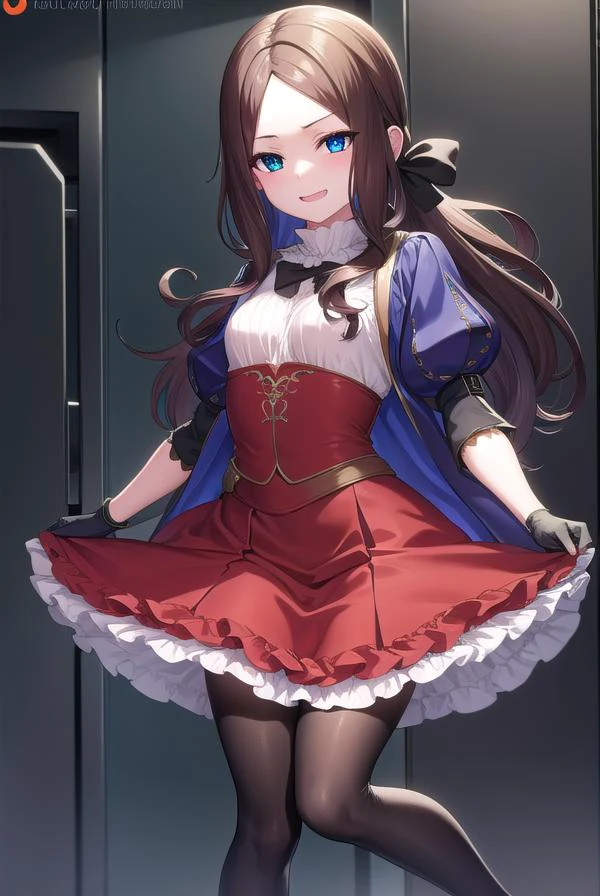 leonardodavinci, <lyco:leonardodavincirider-lyco-nochekaiser:1>,
leonardo da vinci rider, blue eyes, brown hair, long hair, parted bangs, (small breasts:1.2), <lora:smirkingeye_v100:1>, <lora:smirkingmouth_v100:1>, smile, open mouth,
BREAK black footwear, brown jacket, elbow gloves, gloves, jacket, loafers, metal gloves, pantyhose, red skirt, shoes, skirt, puffy sleeves, thighhighs, blue thighhighs,
BREAK looking at viewer, full body, upper body,
BREAK indoors,
BREAK <lyco:GoodHands-beta2:1>, (masterpiece:1.2), best quality, high resolution, unity 8k wallpaper, (illustration:0.8), (beautiful detailed eyes:1.6), extremely detailed face, perfect lighting, extremely detailed CG, (perfect hands, perfect anatomy),
