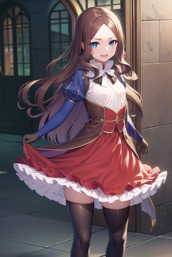 leonardodavinci, <lyco:leonardodavincirider-lyco-nochekaiser:1>,
leonardo da vinci rider, blue eyes, brown hair, long hair, parted bangs, (small breasts:1.2), <lora:smirkingeye_v100:1>, <lora:smirkingmouth_v100:1>, smile, open mouth,
BREAK black footwear, brown jacket, elbow gloves, gloves, jacket, loafers, metal gloves, pantyhose, red skirt, shoes, skirt, puffy sleeves, thighhighs, blue thighhighs,
BREAK looking at viewer, full body, upper body,
BREAK indoors,
BREAK <lyco:GoodHands-beta2:1>, (masterpiece:1.2), best quality, high resolution, unity 8k wallpaper, (illustration:0.8), (beautiful detailed eyes:1.6), extremely detailed face, perfect lighting, extremely detailed CG, (perfect hands, perfect anatomy),