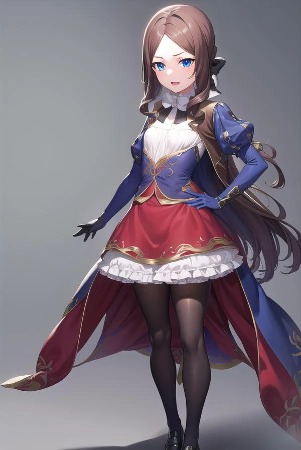 leonardodavinci, <lyco:leonardodavincirider-lyco-nochekaiser:1>,
leonardo da vinci rider, blue eyes, brown hair, long hair, parted bangs, (small breasts:1.2), <lora:smirkingeye_v100:1>, <lora:smirkingmouth_v100:1>, smile, open mouth,
BREAK black footwear, brown jacket, elbow gloves, gloves, jacket, loafers, metal gloves, pantyhose, red skirt, shoes, skirt, puffy sleeves, thighhighs, blue thighhighs,
BREAK looking at viewer, full body, upper body,
BREAK indoors,
BREAK <lyco:GoodHands-beta2:1>, (masterpiece:1.2), best quality, high resolution, unity 8k wallpaper, (illustration:0.8), (beautiful detailed eyes:1.6), extremely detailed face, perfect lighting, extremely detailed CG, (perfect hands, perfect anatomy),