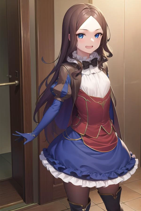 leonardodavinci, <lyco:leonardodavincirider-lyco-nochekaiser:1>,
leonardo da vinci rider, blue eyes, brown hair, long hair, parted bangs, (small breasts:1.2), <lora:smirkingeye_v100:1>, <lora:smirkingmouth_v100:1>, smile, open mouth,
BREAK black footwear, brown jacket, elbow gloves, gloves, jacket, loafers, metal gloves, pantyhose, red skirt, shoes, skirt, puffy sleeves, thighhighs, blue thighhighs,
BREAK looking at viewer, full body, upper body,
BREAK indoors,
BREAK <lyco:GoodHands-beta2:1>, (masterpiece:1.2), best quality, high resolution, unity 8k wallpaper, (illustration:0.8), (beautiful detailed eyes:1.6), extremely detailed face, perfect lighting, extremely detailed CG, (perfect hands, perfect anatomy),