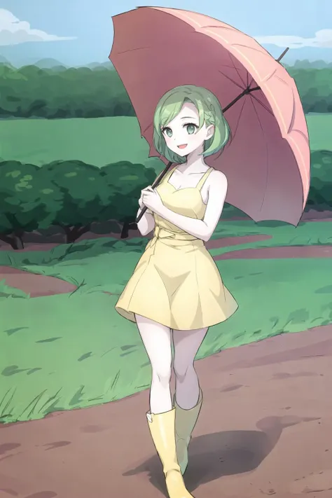 1girl,parasollady,(pale green hair),(yellow sundress),happy,outdoors,full body,red rain boots,holding, <lora:ParasolLady:0.7>