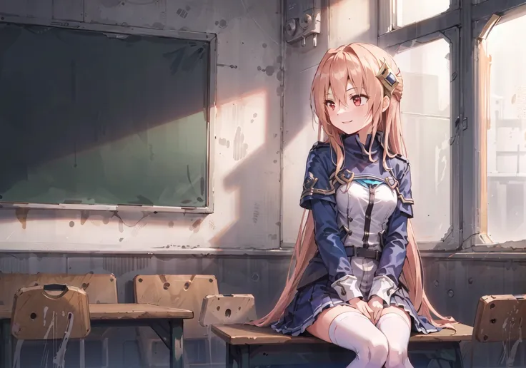 masterpiece,best quality,1girl, solo, classroom, sitting, chalkboard, white legwear, day, sunlight, light smile, looking away, hair ornament, indoors, yuina, red eyes, <lora:yuina:0.5>