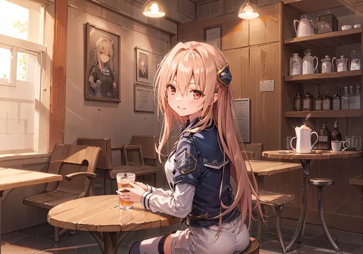 masterpiece,best quality,1girl, solo, cafe, sitting, hold cup, muffin, caffe table, white legwear, night, light, smile, looking back, depth of field, hair ornament, indoors, yuina, red eyes, <lora:yuina:0.5>