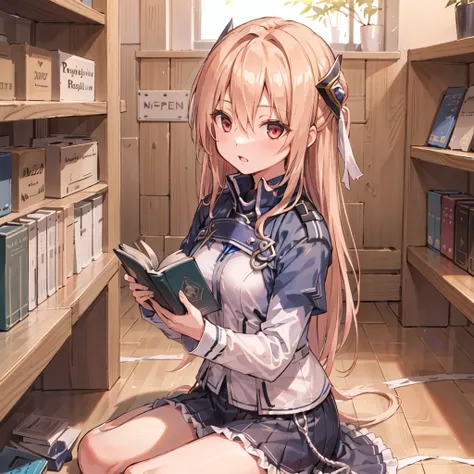 ((masterpiece,best quality))1girl, solo, bookshelf, pile of books, suzuno, indoors, hair ornament, yuina, red eyes, <lora:yuina:0.5>