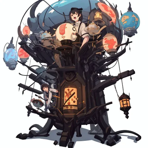 magic teas, people, stove, huge light globe on stand, white bg
, highres, hq, highly detailed <lyco:huachong:1>