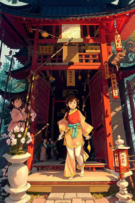 1girl with umbrella, temple, stone path <lora:huachong:1>