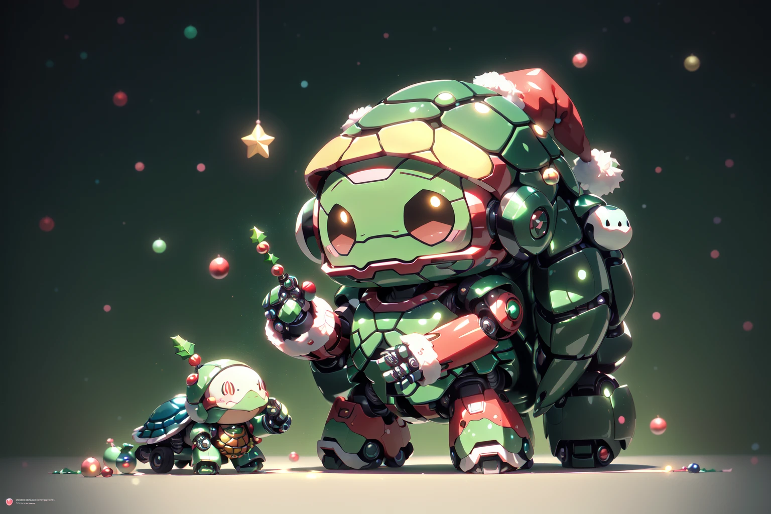 SantaTurtleOverlord, (((chibi turtle, solo, kawaii, robot, ultra detailed, octane render))), ((no humans)),
Kawaii turtle wearing a santa outfit and christmas costume is standing beside some decorations, in the style of nightcore, xmas punk, brilliant vibrant green duotone themes, cyberpunk christmas theme <lora:SantaTurtles:0.8>