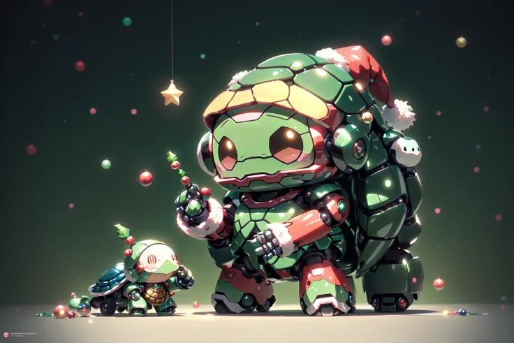 SantaTurtleOverlord, (((chibi turtle, solo, kawaii, robot, ultra detailed, octane render))), ((no humans)), 
Kawaii turtle wearing a santa outfit and christmas costume is standing beside some decorations, in the style of nightcore, xmas punk, brilliant vibrant green duotone themes, cyberpunk christmas theme <lora:SantaTurtles:0.8>