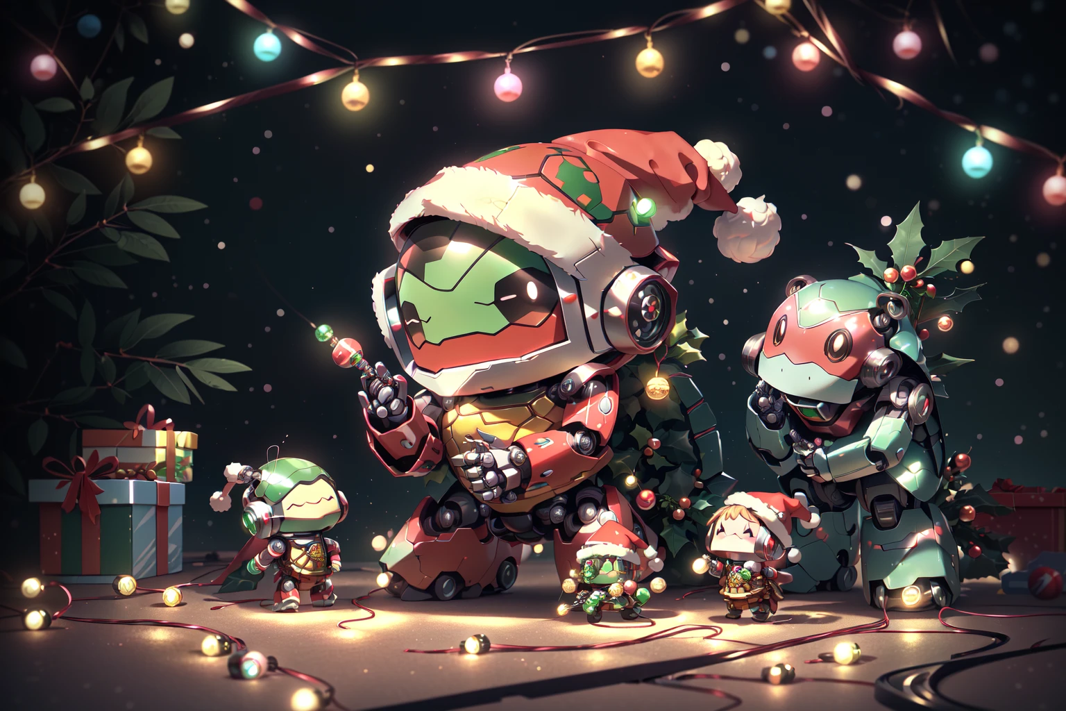 SantaTurtleOverlord, (((chibi turtle, solo, kawaii, robot, ultra detailed, octane render))), ((no humans)), santa clothes, santa hat, santa outfit, christmas theme, fairy lights, string lights, christmas lights, <lora:SantaTurtles:0.8>