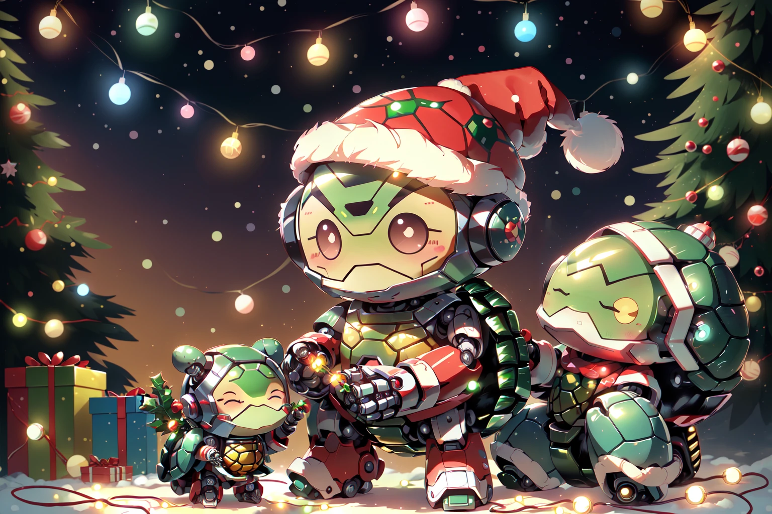 SantaTurtleOverlord, (((chibi turtle, solo, kawaii, robot, ))), ((no humans)), santa clothes, santa hat, santa outfit, christmas theme, fairy lights, string lights, christmas lights, <lora:SantaTurtles:0.8>