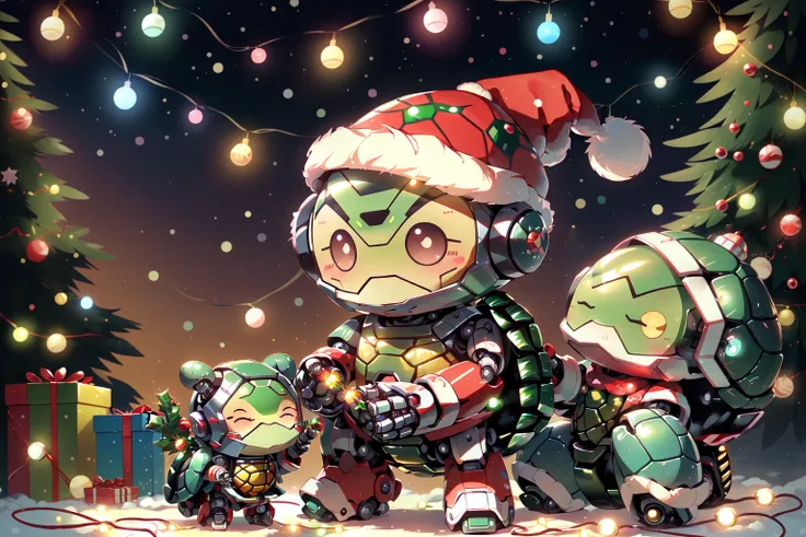 SantaTurtleOverlord, (((chibi turtle, solo, kawaii, robot, ))), ((no humans)), santa clothes, santa hat, santa outfit, christmas theme, fairy lights, string lights, christmas lights,  <lora:SantaTurtles:0.8>