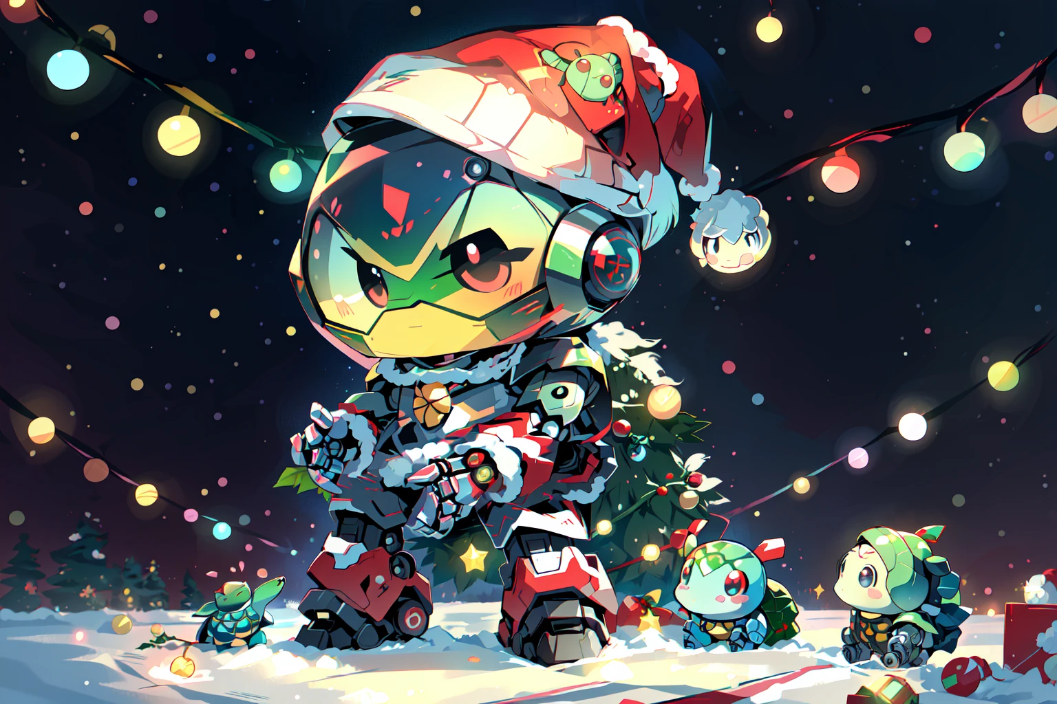SantaTurtleOverlord, (((chibi turtle, solo, kawaii, robot, ))), ((no humans)), santa clothes, santa hat, santa outfit, christmas theme, fairy lights, string lights, christmas lights, <lora:SantaTurtles:0.8>