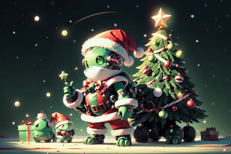 SantaTurtleOverlord, ((no humans)), Kawaii turtle wearing a santa outfit and christmas costume is standing beside some decorations, in the style of nightcore, xmas punk, brilliant vibrant green duotone themes, cyberpunk christmas theme , <lora:SantaTurtles:0.8>