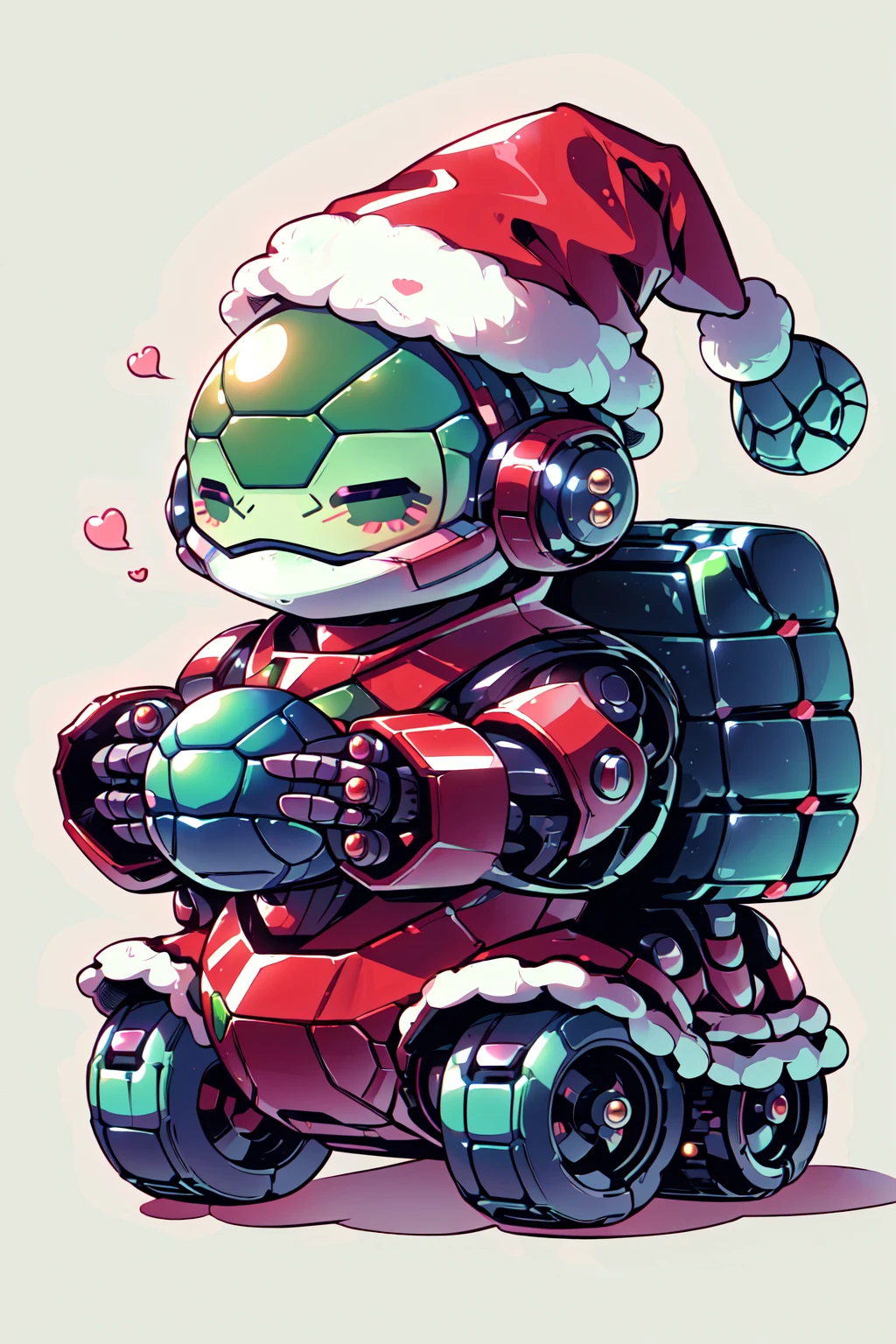 SantaTurtleOverlord, (((chibi turtle, solo, kawaii, robot, ))), ((no humans)), santa clothes, santa hat, santa outfit, christmas theme, <lora:SantaTurtles:0.8>