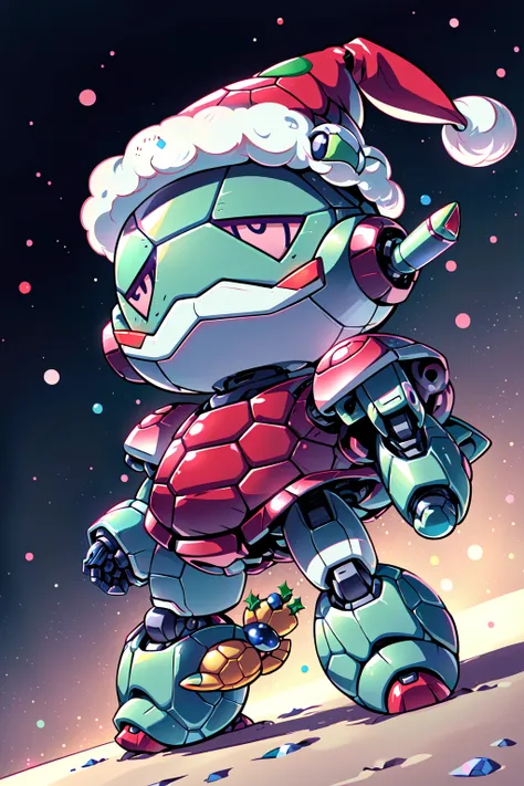 SantaTurtleOverlord, pokemon creature, (((chibi turtle, solo, kawaii, robot))), ((no humans)), turtle, robot turtle, santa clothes, santa hat, santa outfit, christmas themes, super kawaii, 4 point perspective, dutch angle, <lora:SantaTurtles:0.5>