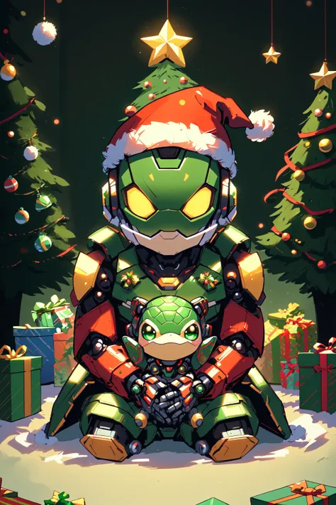 SantaTurtleOverlord, Cute turtle overlord AI robot, santa, red santa outfit, santa hat, christmas, santa clothes, christmas decorations, tree, sentient AI robot, sentient robot tree, brilliant vibrant green duotone themes, christmas theme, ho****ve vibes, vtuber vibes at christmas, green and red themes, christmas theme, extremely detailed, super kawaii, desktop wallpaper, sentient robot turtle in front of a christmas tree, art by artgerm, chibi style, created by artificial intelligence and love and adoration for the christmas spirit, the turtles name is maycein, 4 point perspective, dutch angle, masterpiece, official art, <lora:SantaTurtles:0.8>