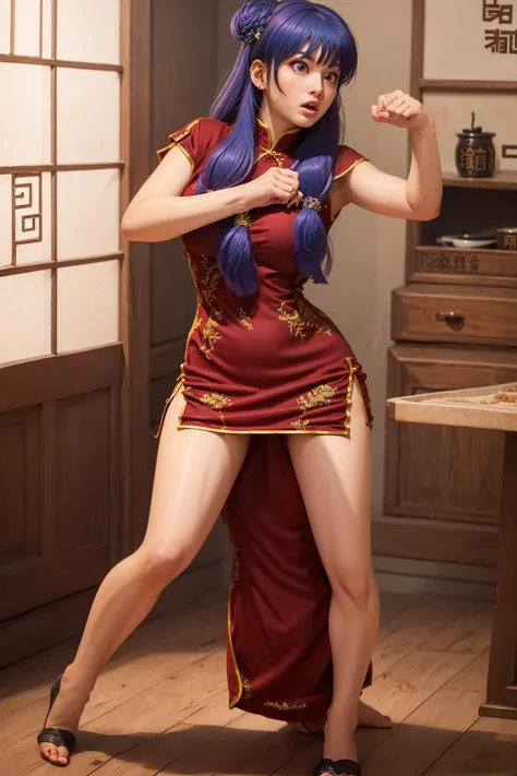 absurdres, shampoowaifu,medium breast, star eye, (realistic:1.5), (ultra detailed red eyes:0.85), (masterpiece, Extremely detailed CG unity 8k wallpaper, best quality, highres:1.2), (ultra_detailed, UHD:1.2), perfect illumination, distinct, (1girl:1.4), unreal engine, sidelighting, perfect face, detailed face, bangs, perfect body, beautiful eyes, pretty face, (bright skin:1.4), (chinese restaurant background), soft light, realistic skin,fighting
(red chinese dress:1.3), realistic eyes, (photorealistic:1.4), (angry),long Purple hair,(body shape),looking at viewer
closed fist,fighting,,red dress,
(looking at viewer:1.3),
<lora:shampoo_character (1):0.8>