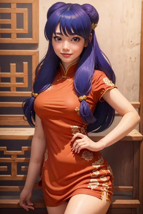 absurdres, shampoowaifu,medium breast, star eye, (realistic:1.5), (ultra detailed red eyes:0.85), (masterpiece, Extremely detailed CG unity 8k wallpaper, best quality, highres:1.2), (ultra_detailed, UHD:1.2), perfect illumination, distinct, (1girl:1.4), unreal engine, sidelighting, perfect face, detailed face, bangs, perfect body, beautiful eyes, pretty face, (bright skin:1.4), (chinese restaurant background), soft light, realistic skin,
chinese dress
(red chinese dress:1.2), realistic eyes, (photorealistic:1.4), smile,long Purple hair,(body shape),
standing,cute face,
(looking at viewer:1.3),
<lora:shampoo_character (1):0.8>