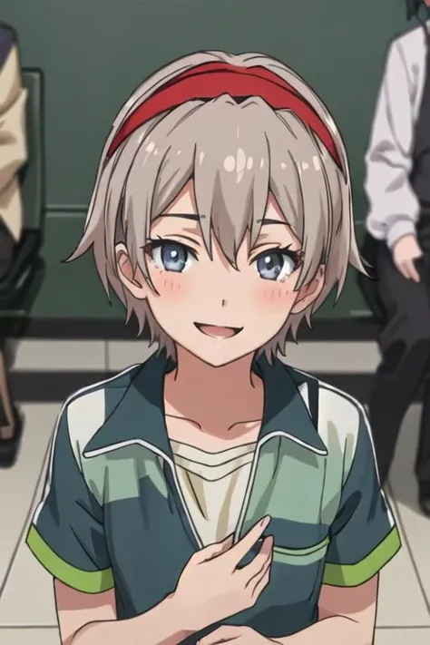 best quality, masterpiece, highres, solo, {totsuka_saika_yahariorenoseishunlovecomewamachigatteiru:1.15}, grey_hair, short_hair, male_focus, blue_eyes, blush, smile, headband, school_uniform, gakuran, parody, 1girl, looking_at_viewer, hair_between_eyes, 1boy, open_mouth, upper_body, red_headband
